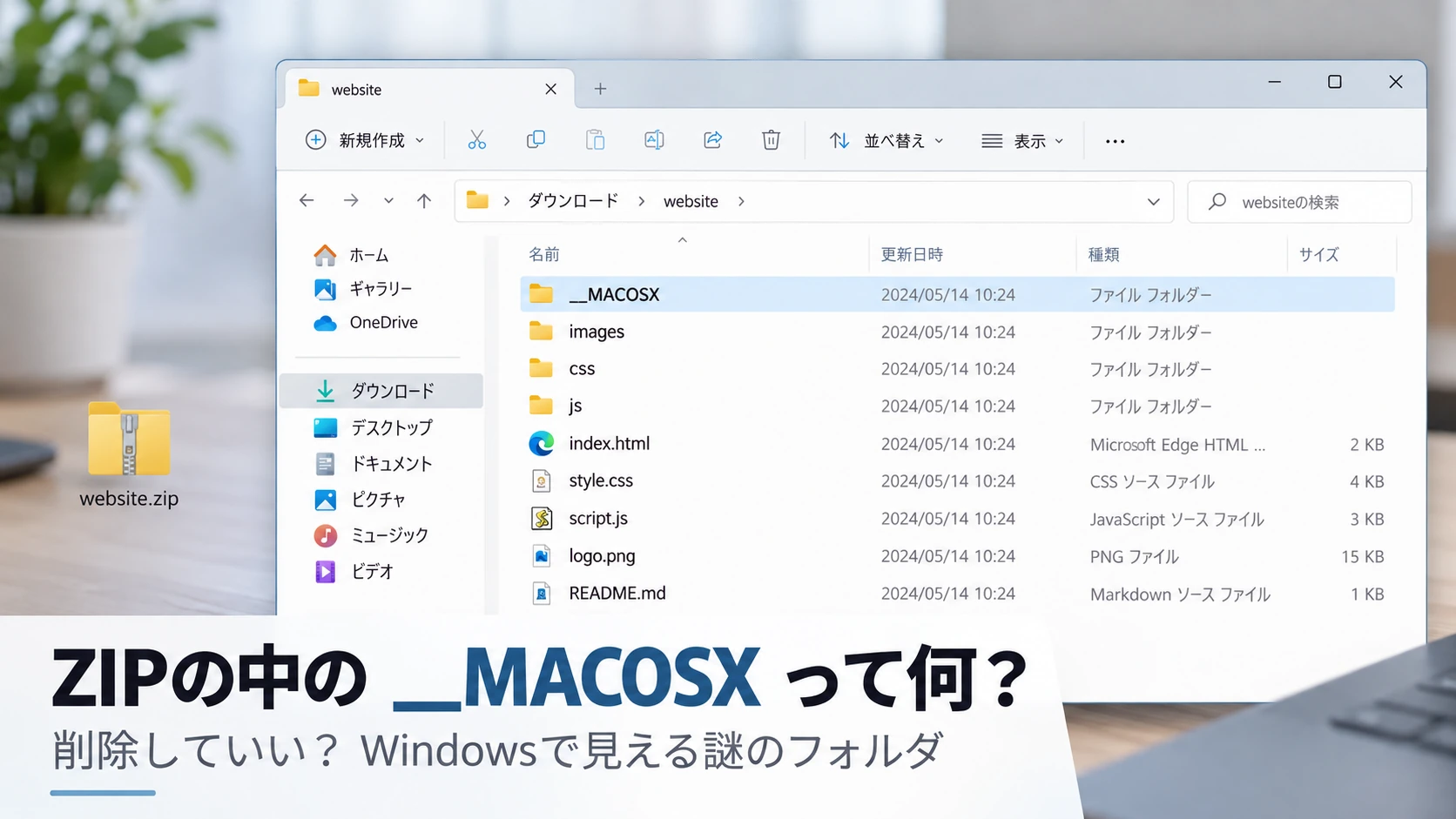 WindowsのエクスプローラーでZIP内の__MACOSXフォルダを表示したイメージ